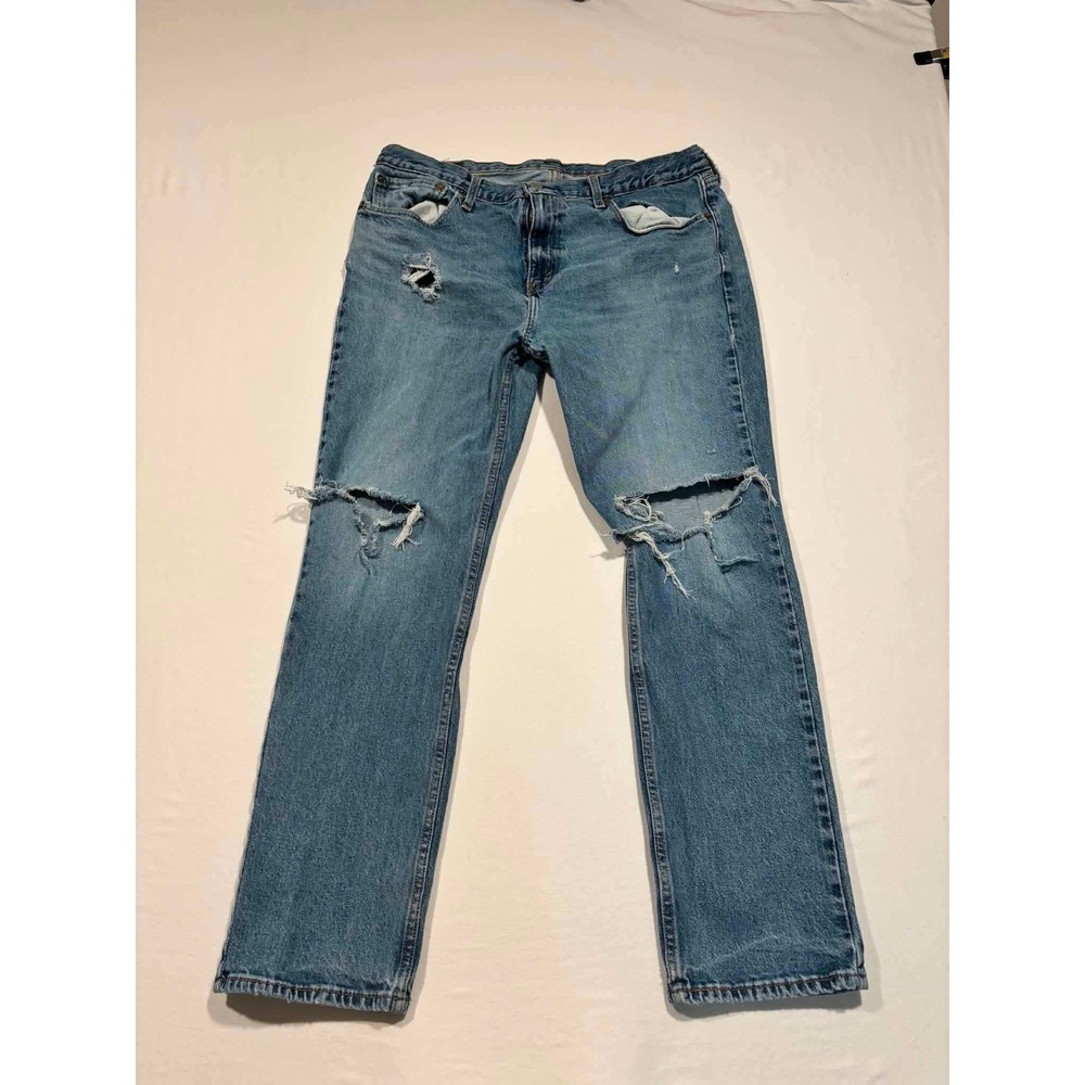 Levis 505 Original Fit Distressed Blue Jeans Mens 36x30 Medium Wash Straight Leg